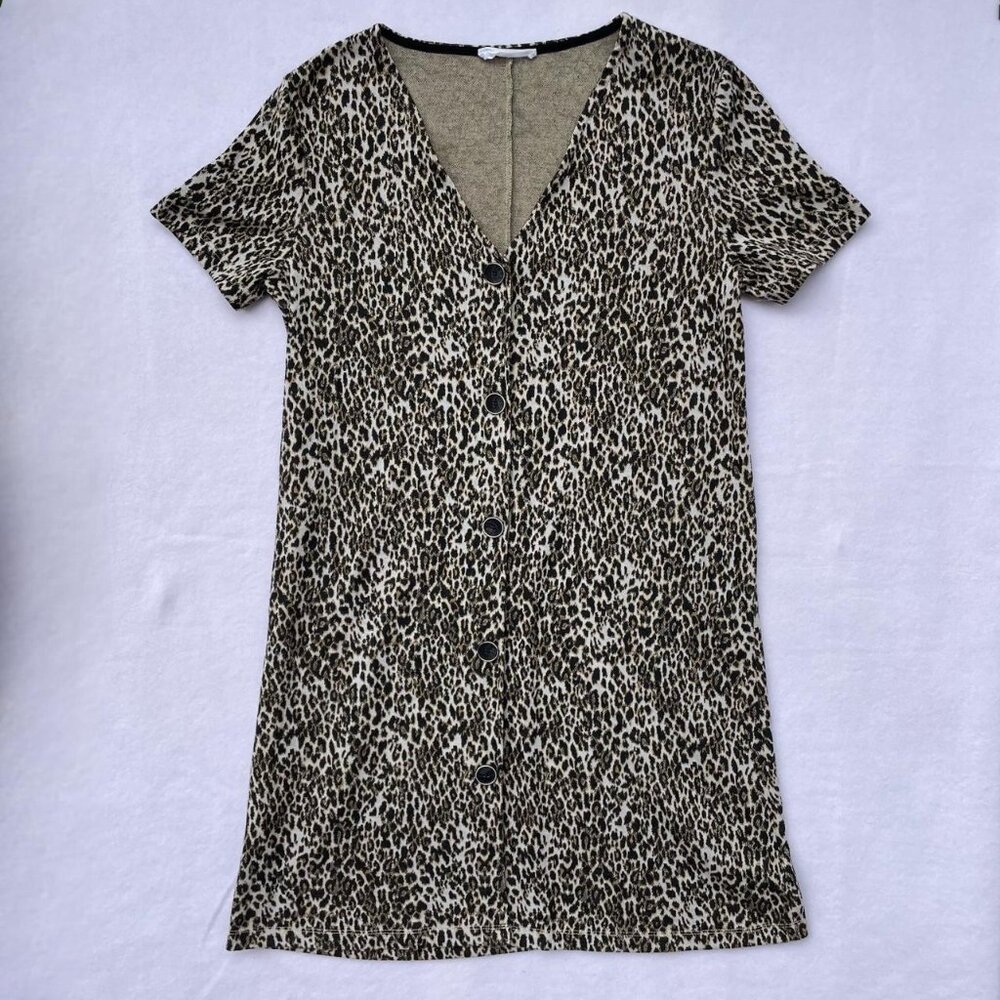Mango MNG Cheetah Print Button Casual Shirt Dress Sz M Fall Autumn Mob Wife Alt